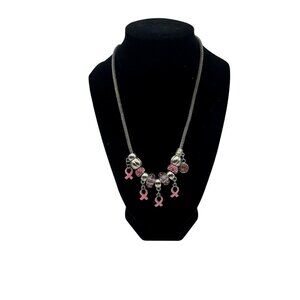 Breast Cancer Awareness Necklace Pink Ribbon Charms Adjustable Chain Rhinestone